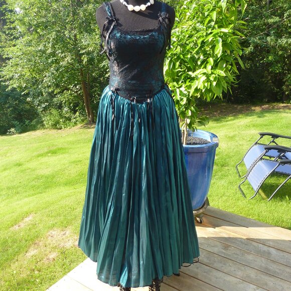 VINTAGE SINISTER GOTH VICTORIAN BLACK LACE METALLIC TEAL MAXI DRESS UK XL US M L - Picture 1 of 9
